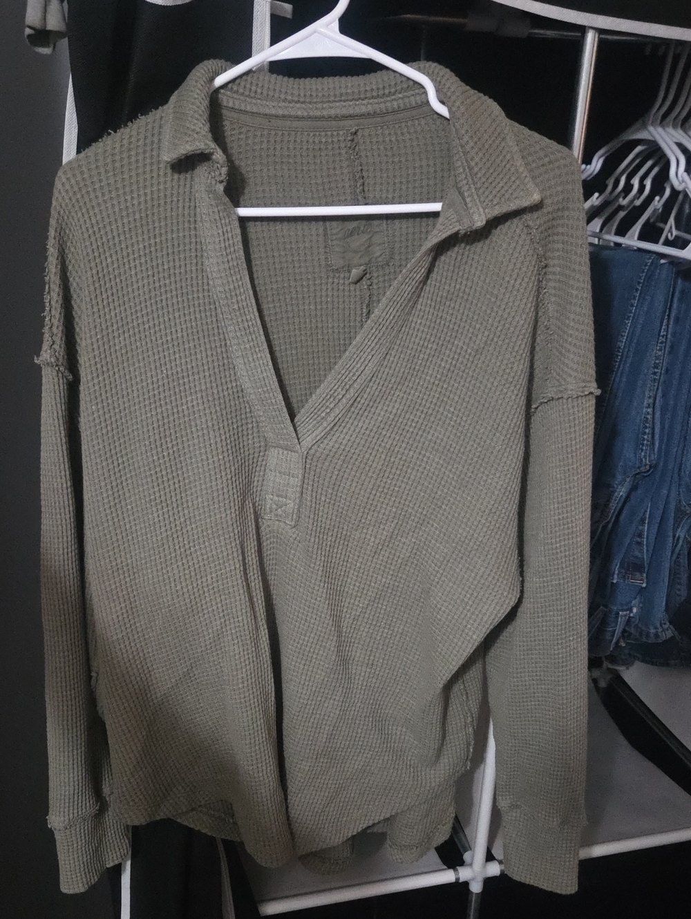 aerie Olive Green V-Neck Waffle Knit Sweater